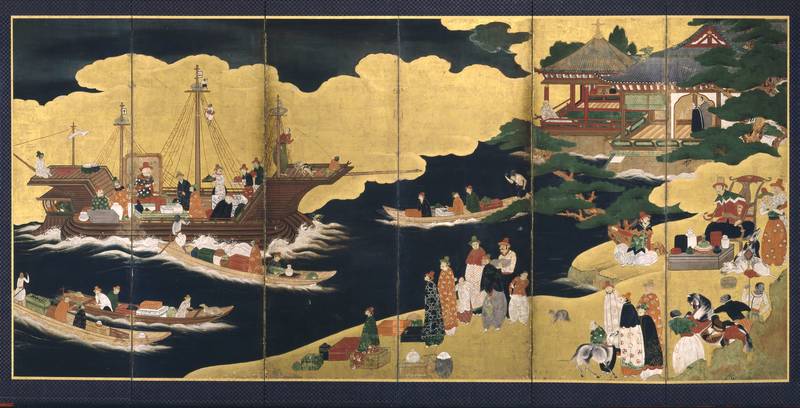 прибытие португальского корабля, японская ширма, 1620-1640 гг 